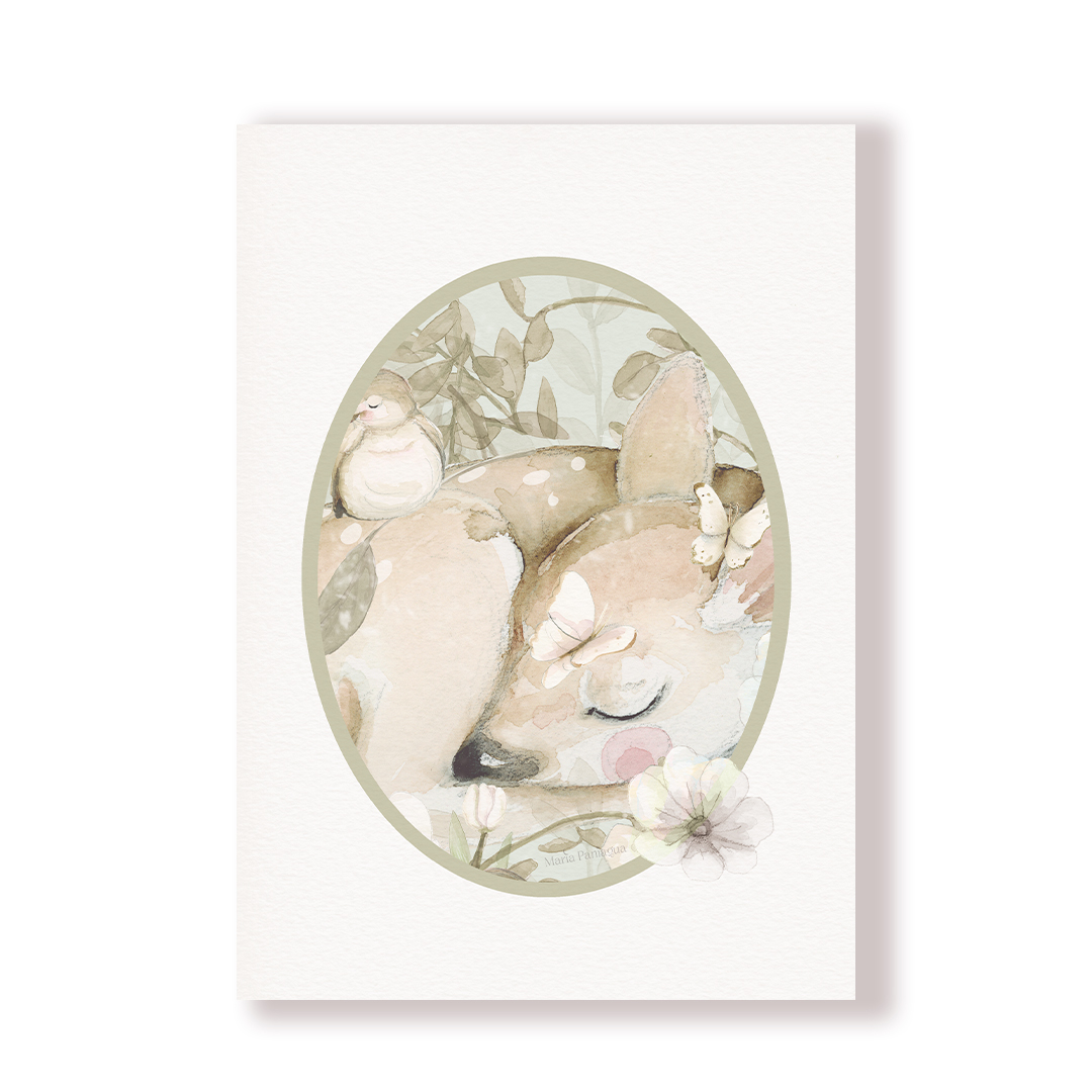 Detalle de lámina infantil con cervatillo ilustrado en tonos suaves y estilo delicado