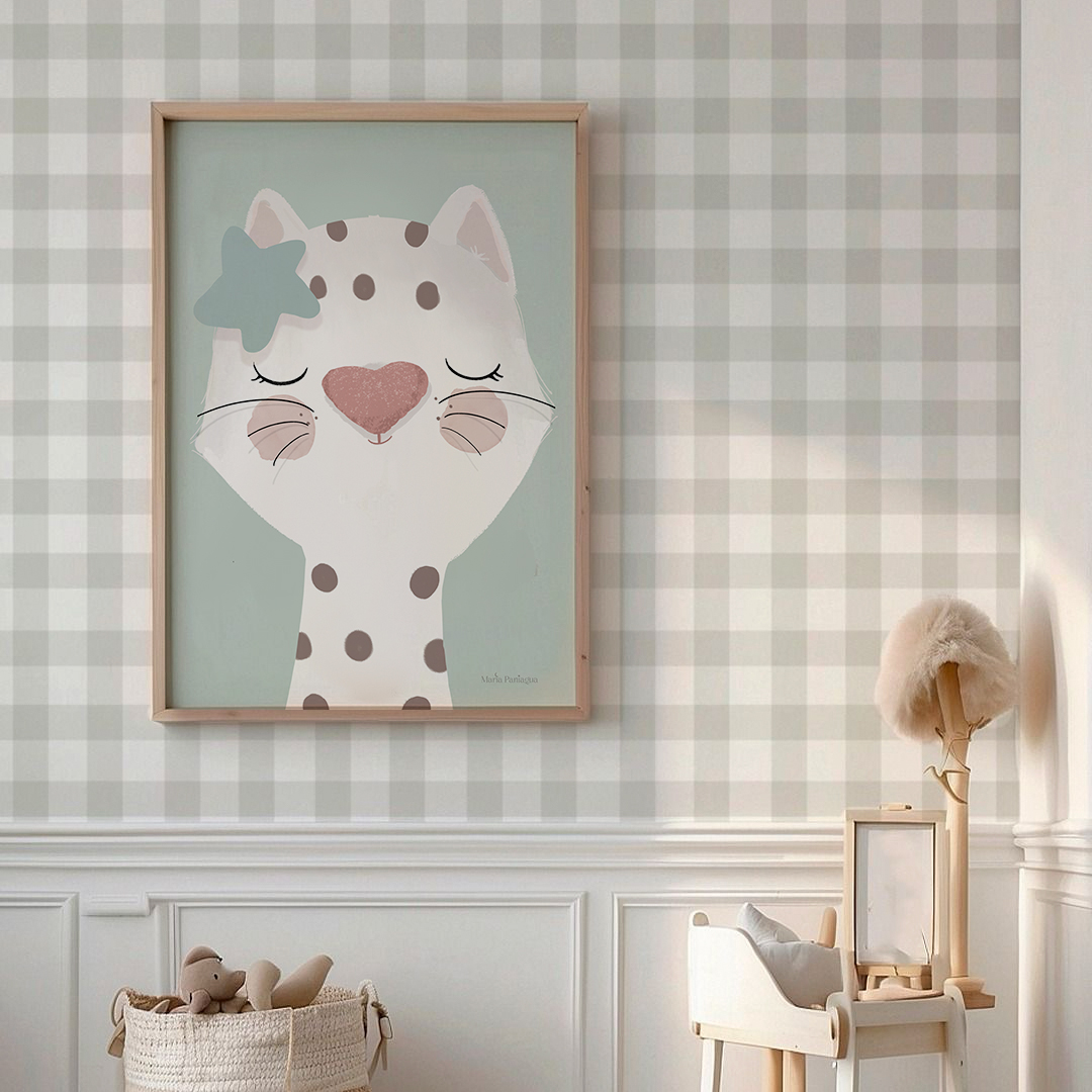 Ilustración infantil de una gata en tonos verdes sobre fondo blanco