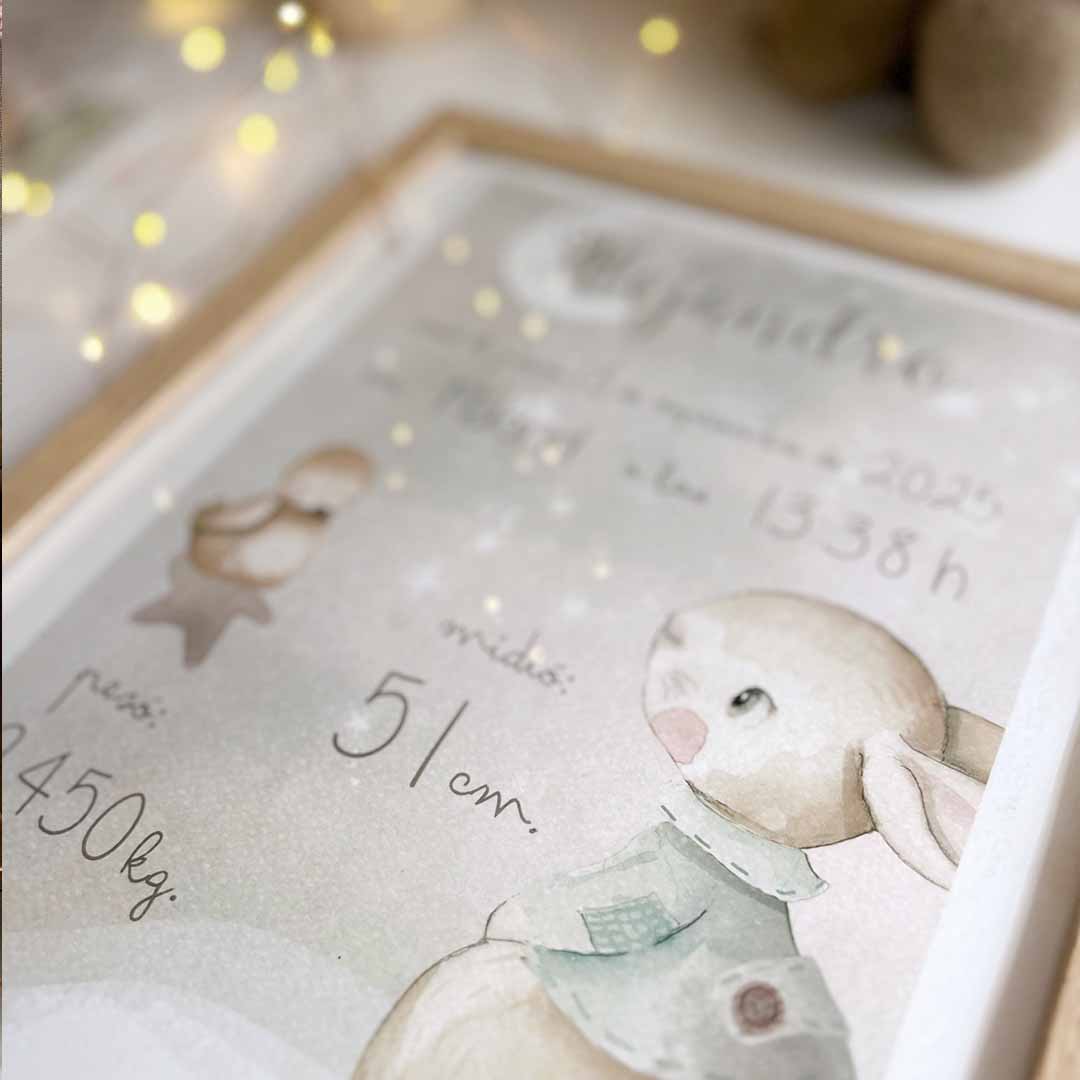 Lámina nacimiento bebé personalizada con todos los detalles de su llegada.