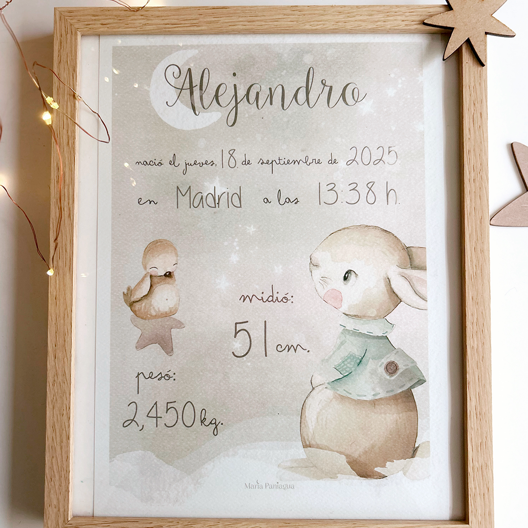 Lámina nacimiento bebé personalizada con todos los detalles de su llegada.